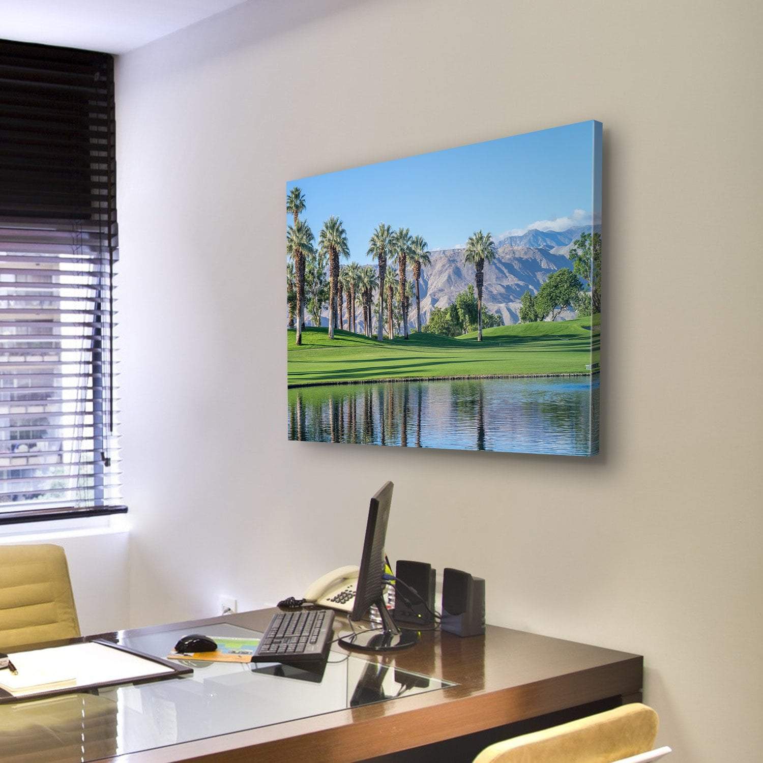 Palms Reflecting In Water Canvas Wall Art-3 Horizontal-Gallery Wrap-25" x 16"-Tiaracle