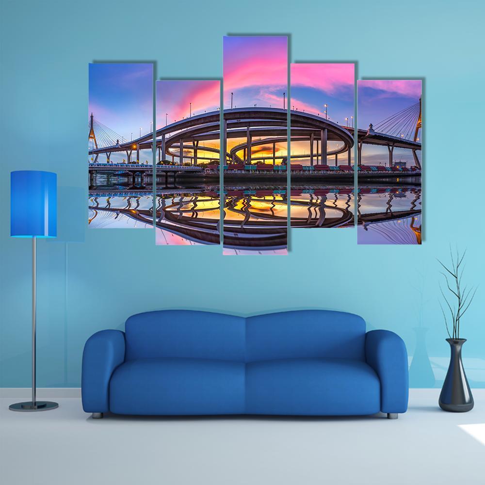 Bhumibol Bridge At Twilight Canvas Wall Art-5 Pop-Gallery Wrap-47" x 32"-Tiaracle