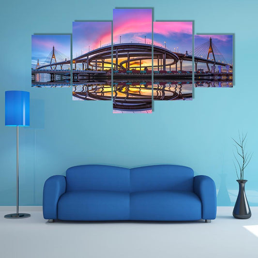 Bhumibol Bridge At Twilight Canvas Wall Art-5 Star-Gallery Wrap-62" x 32"-Tiaracle