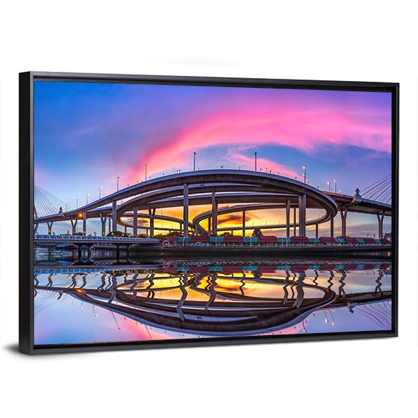 Bhumibol Bridge At Twilight Canvas Wall Art-3 Horizontal-Gallery Wrap-25" x 16"-Tiaracle