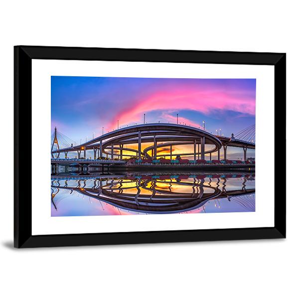 Bhumibol Bridge At Twilight Canvas Wall Art-3 Horizontal-Gallery Wrap-25" x 16"-Tiaracle