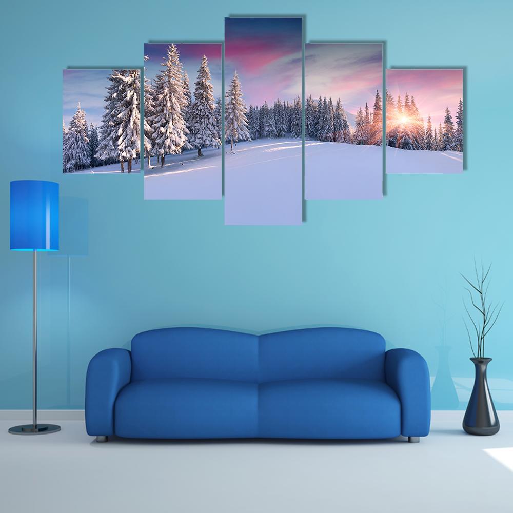 Panorama Of Winter Sunrise Canvas Wall Art-5 Star-Gallery Wrap-62" x 32"-Tiaracle