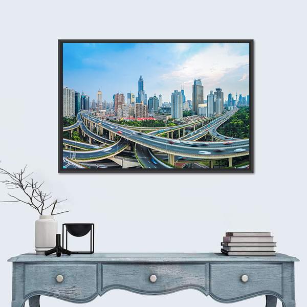 Panoramic View Of City Elevated Road Junction In Blue Sky Shanghai Canvas Wall Art-1 Piece-Floating Frame-24" x 16"-Tiaracle