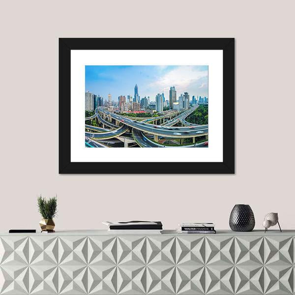 Panoramic View Of City Elevated Road Junction In Blue Sky Shanghai Canvas Wall Art-1 Piece-Framed Print-20" x 16"-Tiaracle