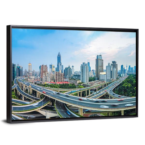 Panoramic View Of City Elevated Road Junction In Blue Sky Shanghai Canvas Wall Art-3 Horizontal-Gallery Wrap-25" x 16"-Tiaracle