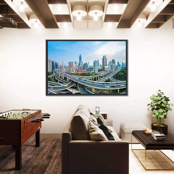 Panoramic View Of City Elevated Road Junction In Blue Sky Shanghai Canvas Wall Art-3 Horizontal-Gallery Wrap-25" x 16"-Tiaracle