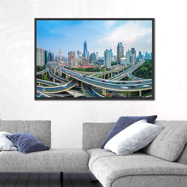 Panoramic View Of City Elevated Road Junction In Blue Sky Shanghai Canvas Wall Art-3 Horizontal-Gallery Wrap-25" x 16"-Tiaracle