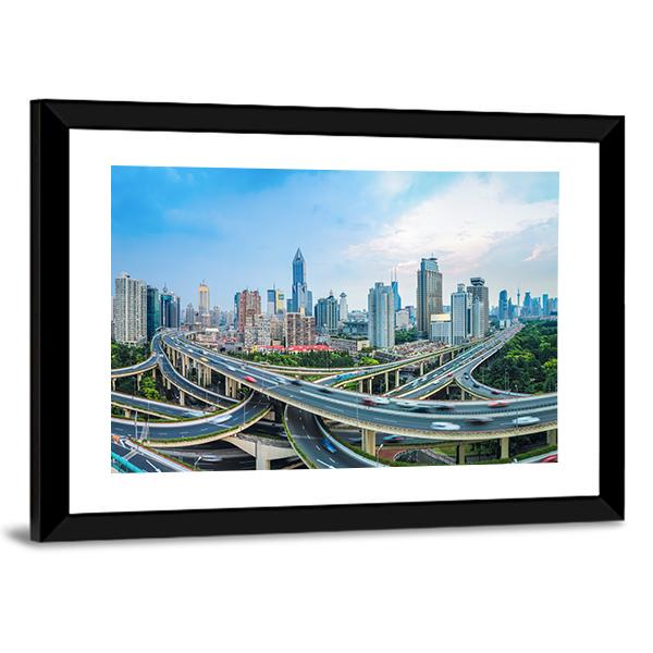 Panoramic View Of City Elevated Road Junction In Blue Sky Shanghai Canvas Wall Art-3 Horizontal-Gallery Wrap-25" x 16"-Tiaracle