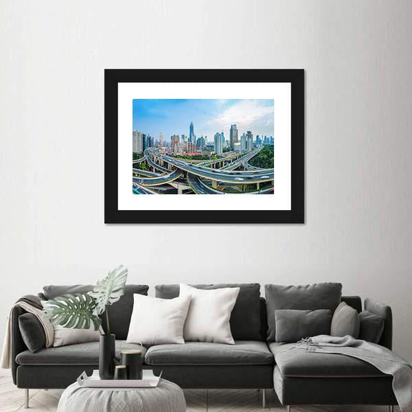 Panoramic View Of City Elevated Road Junction In Blue Sky Shanghai Canvas Wall Art-3 Horizontal-Gallery Wrap-25" x 16"-Tiaracle