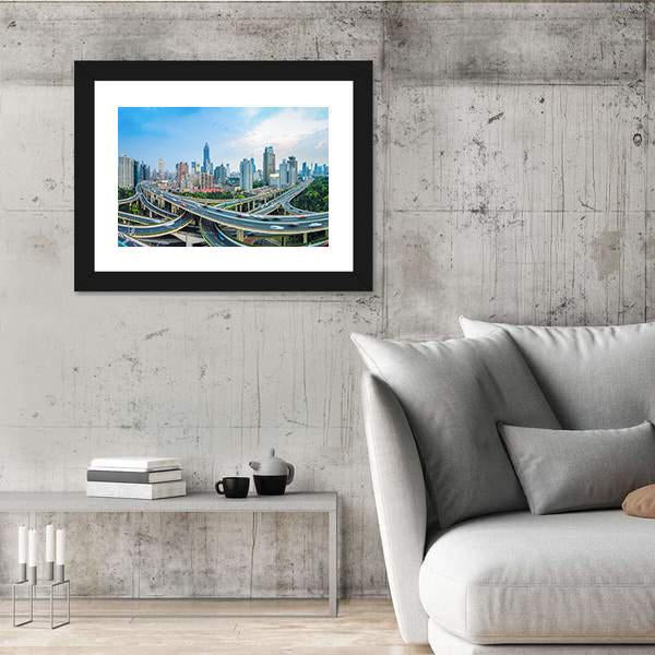 Panoramic View Of City Elevated Road Junction In Blue Sky Shanghai Canvas Wall Art-3 Horizontal-Gallery Wrap-25" x 16"-Tiaracle