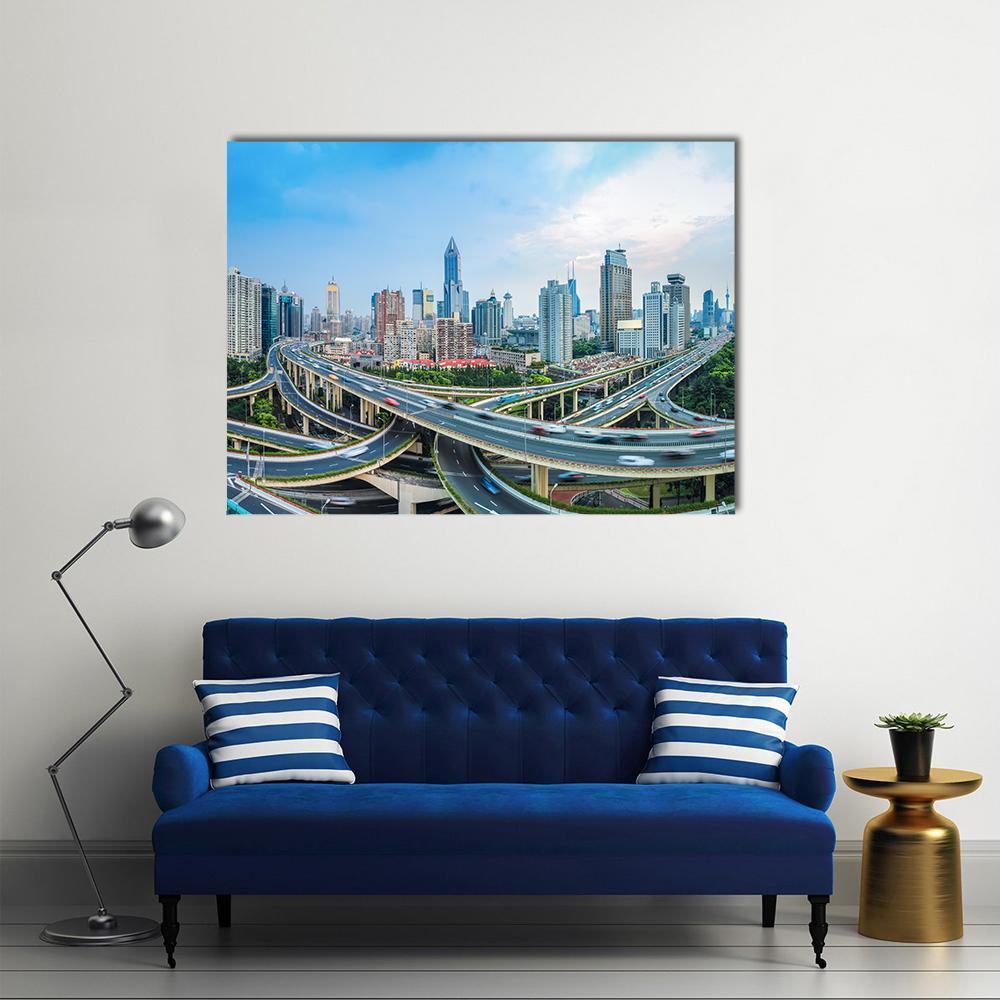 Panoramic View Of City Elevated Road Junction In Blue Sky Shanghai Canvas Wall Art-1 Piece-Gallery Wrap-48" x 32"-Tiaracle