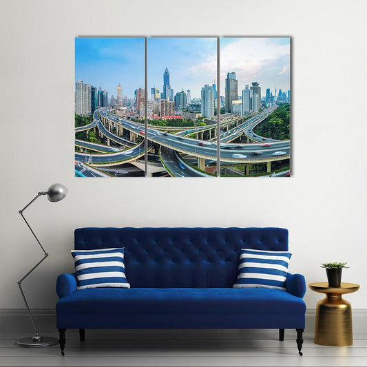 Panoramic View Of City Elevated Road Junction In Blue Sky Shanghai Canvas Wall Art-3 Horizontal-Gallery Wrap-37" x 24"-Tiaracle