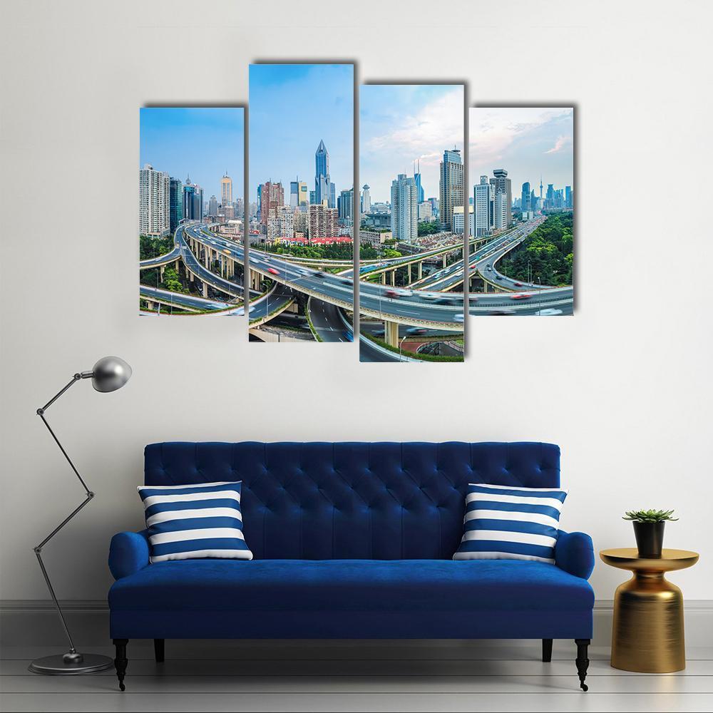 Panoramic View Of City Elevated Road Junction In Blue Sky Shanghai Canvas Wall Art-4 Pop-Gallery Wrap-50" x 32"-Tiaracle