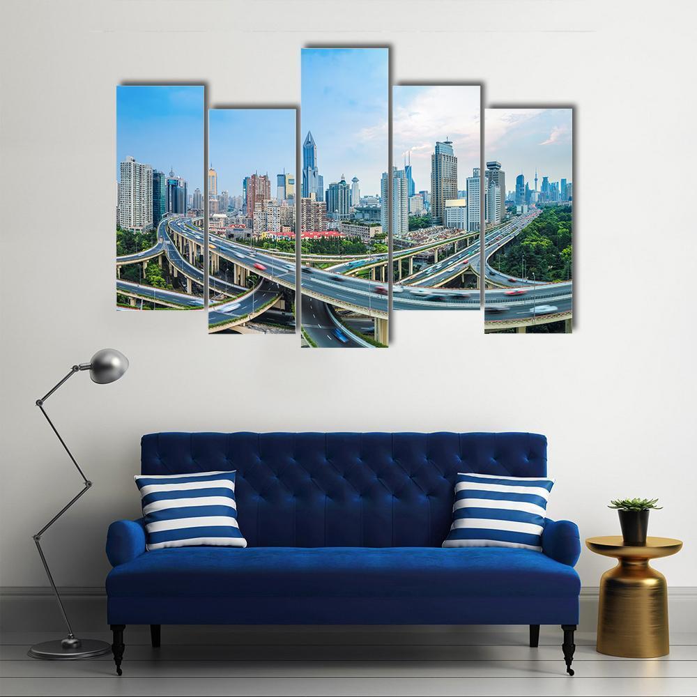 Panoramic View Of City Elevated Road Junction In Blue Sky Shanghai Canvas Wall Art-5 Pop-Gallery Wrap-47" x 32"-Tiaracle