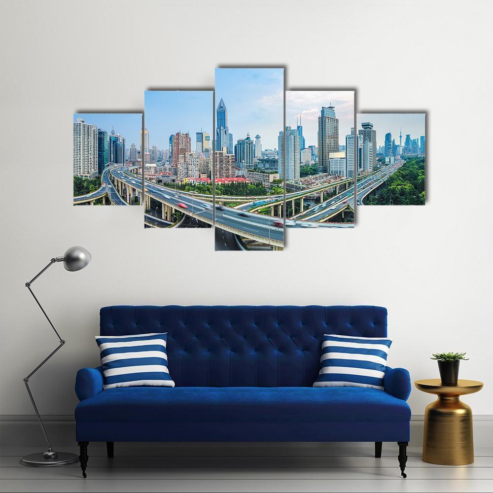 Panoramic View Of City Elevated Road Junction In Blue Sky Shanghai Canvas Wall Art-5 Star-Gallery Wrap-62" x 32"-Tiaracle