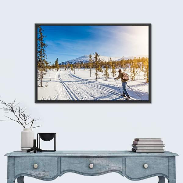 Panoramic View Of Male Person Cross Country Skiing Canvas Wall Art-1 Piece-Floating Frame-24" x 16"-Tiaracle