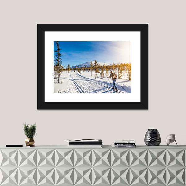 Panoramic View Of Male Person Cross Country Skiing Canvas Wall Art-1 Piece-Framed Print-20" x 16"-Tiaracle