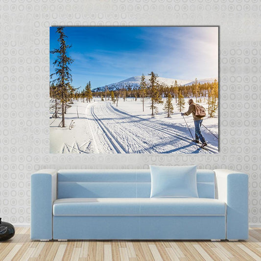 Panoramic View Of Male Person Cross Country Skiing Canvas Wall Art-1 Piece-Gallery Wrap-48" x 32"-Tiaracle