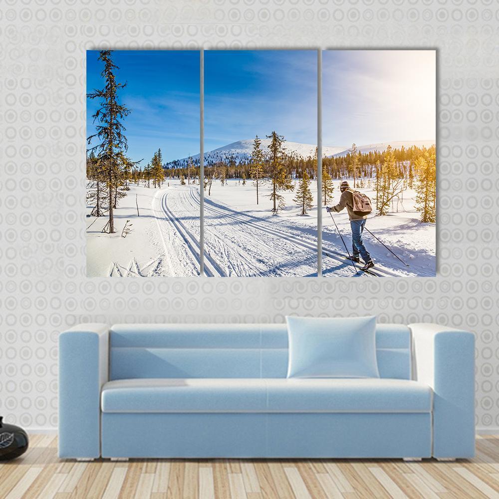 Panoramic View Of Male Person Cross Country Skiing Canvas Wall Art-3 Horizontal-Gallery Wrap-37" x 24"-Tiaracle