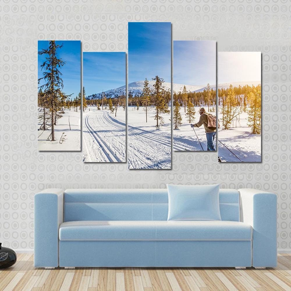 Panoramic View Of Male Person Cross Country Skiing Canvas Wall Art-5 Pop-Gallery Wrap-47" x 32"-Tiaracle