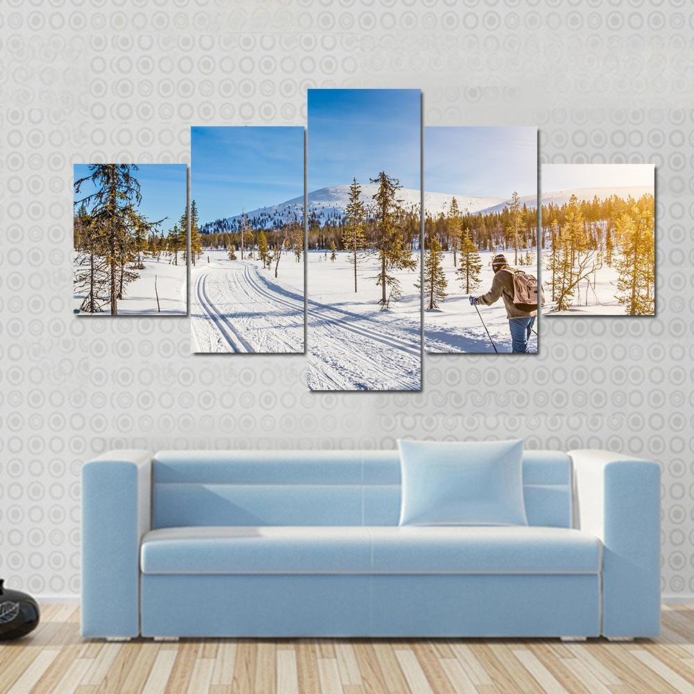 Panoramic View Of Male Person Cross Country Skiing Canvas Wall Art-5 Star-Gallery Wrap-62" x 32"-Tiaracle