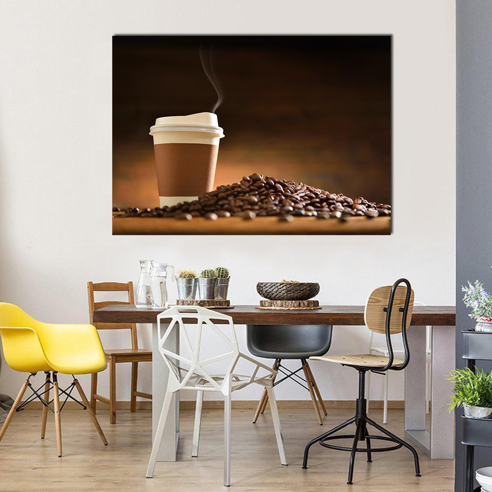 Paper Cup Of Coffee With Smoke And Coffee Beans Canvas Wall Art-1 Piece-Gallery Wrap-48" x 32"-Tiaracle