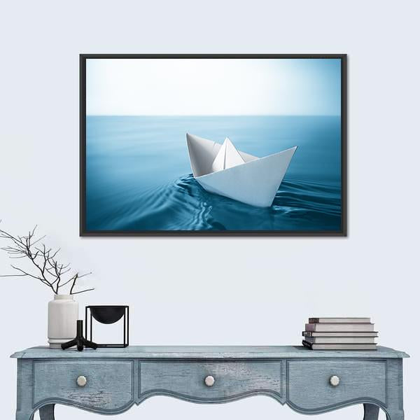 Paper Sailboat In Water Canvas Wall Art-1 Piece-Floating Frame-24" x 16"-Tiaracle