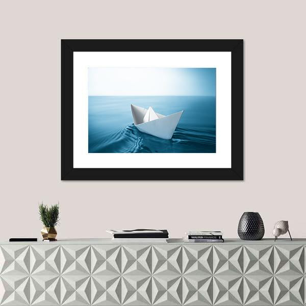 Paper Sailboat In Water Canvas Wall Art-1 Piece-Framed Print-20" x 16"-Tiaracle