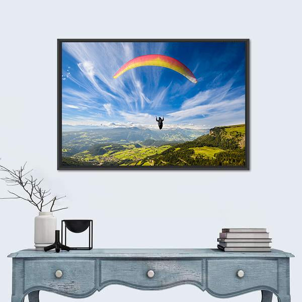 Paraglider Flying Over Mountains In Summer Day Canvas Wall Art-1 Piece-Floating Frame-24" x 16"-Tiaracle