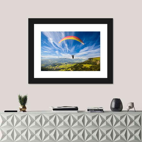 Paraglider Flying Over Mountains In Summer Day Canvas Wall Art-1 Piece-Framed Print-20" x 16"-Tiaracle