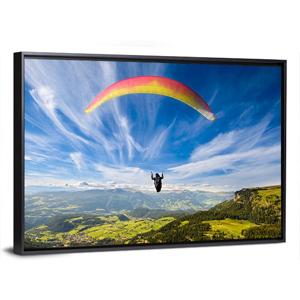 Paraglider Flying Over Mountains In Summer Day Canvas Wall Art-3 Horizontal-Gallery Wrap-25" x 16"-Tiaracle