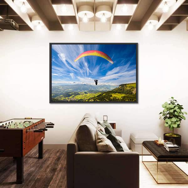 Paraglider Flying Over Mountains In Summer Day Canvas Wall Art-3 Horizontal-Gallery Wrap-25" x 16"-Tiaracle