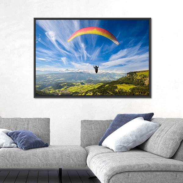 Paraglider Flying Over Mountains In Summer Day Canvas Wall Art-3 Horizontal-Gallery Wrap-25" x 16"-Tiaracle