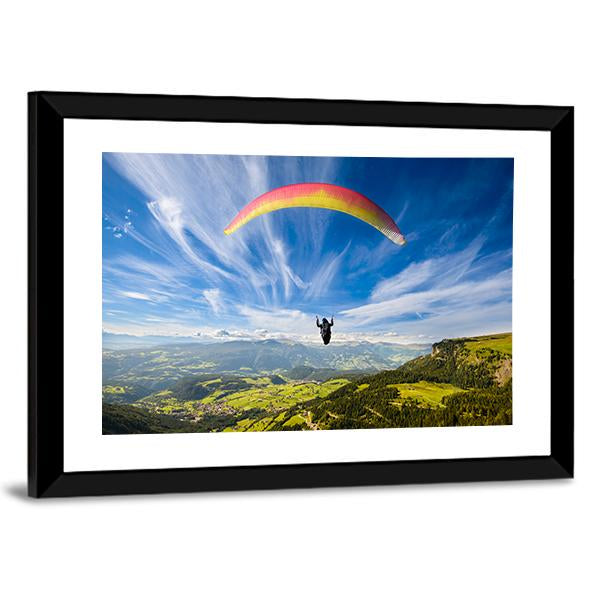 Paraglider Flying Over Mountains In Summer Day Canvas Wall Art-3 Horizontal-Gallery Wrap-25" x 16"-Tiaracle