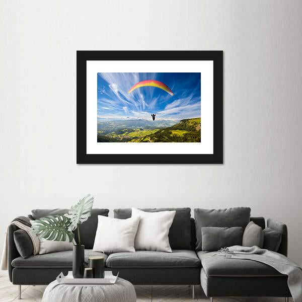 Paraglider Flying Over Mountains In Summer Day Canvas Wall Art-3 Horizontal-Gallery Wrap-25" x 16"-Tiaracle