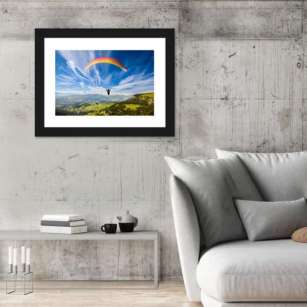 Paraglider Flying Over Mountains In Summer Day Canvas Wall Art-3 Horizontal-Gallery Wrap-25" x 16"-Tiaracle