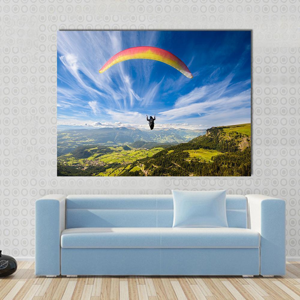 Paraglider Flying Over Mountains In Summer Day Canvas Wall Art-1 Piece-Gallery Wrap-48" x 32"-Tiaracle