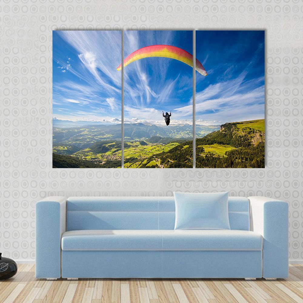 Paraglider Flying Over Mountains In Summer Day Canvas Wall Art-3 Horizontal-Gallery Wrap-37" x 24"-Tiaracle