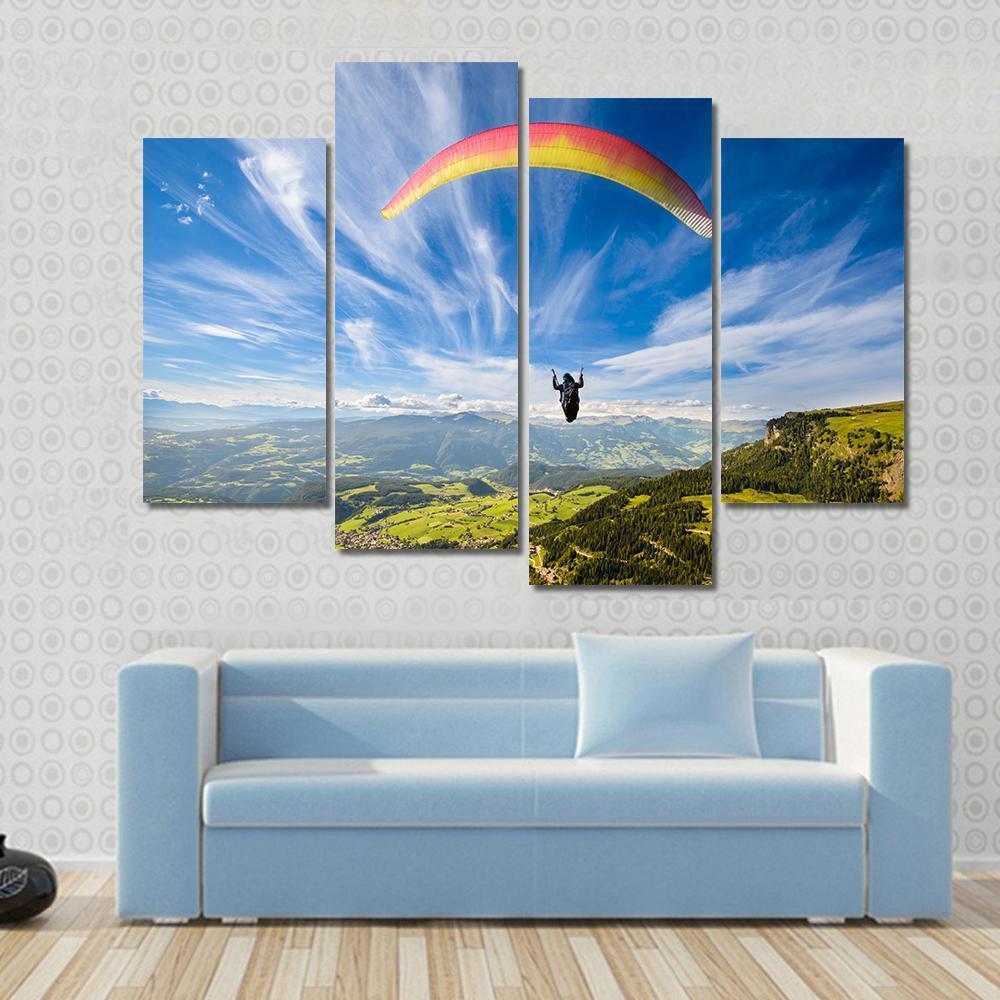 Paraglider Flying Over Mountains In Summer Day Canvas Wall Art-4 Pop-Gallery Wrap-50" x 32"-Tiaracle