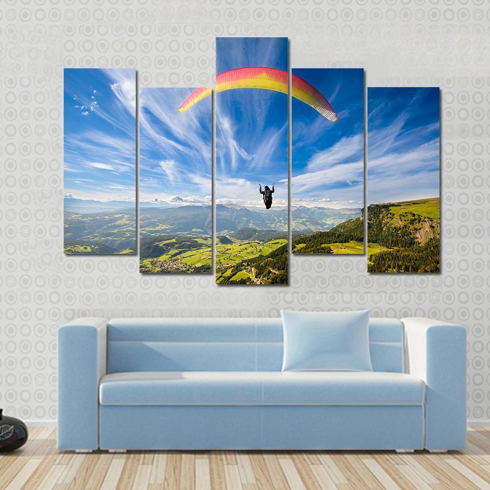 Paraglider Flying Over Mountains In Summer Day Canvas Wall Art-5 Pop-Gallery Wrap-47" x 32"-Tiaracle