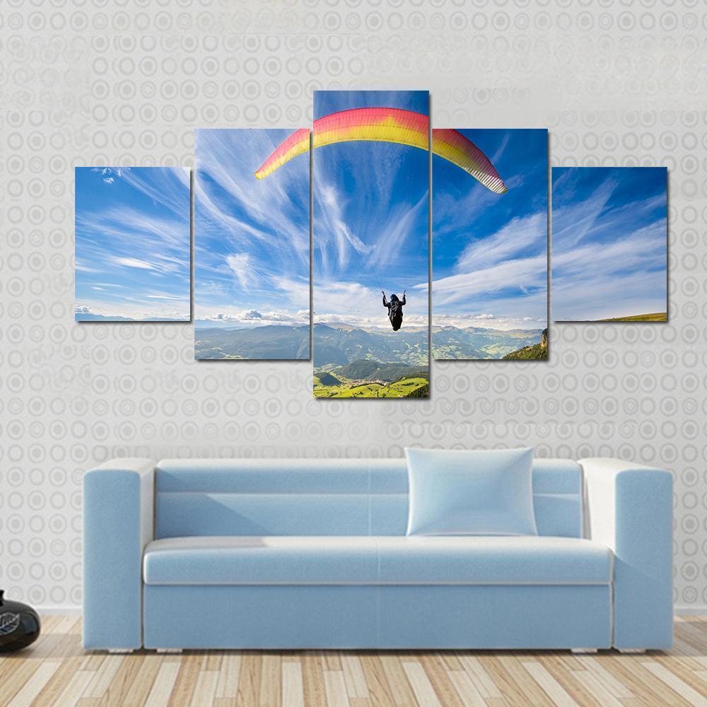 Paraglider Flying Over Mountains In Summer Day Canvas Wall Art-5 Star-Gallery Wrap-62" x 32"-Tiaracle