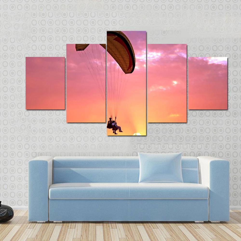 Paragliding At Sunset Canvas Wall Art-5 Star-Gallery Wrap-62" x 32"-Tiaracle