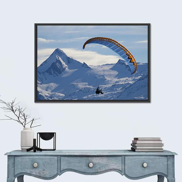 Paragliding Over Mountain In Winter Canvas Wall Art-1 Piece-Floating Frame-24" x 16"-Tiaracle