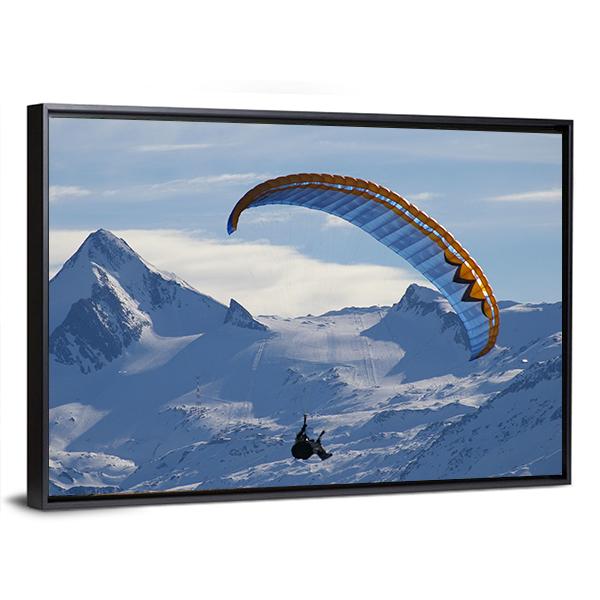 Paragliding Over Mountain In Winter Canvas Wall Art-3 Horizontal-Gallery Wrap-25" x 16"-Tiaracle