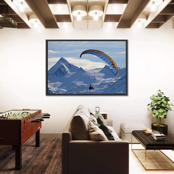 Paragliding Over Mountain In Winter Canvas Wall Art-3 Horizontal-Gallery Wrap-25" x 16"-Tiaracle