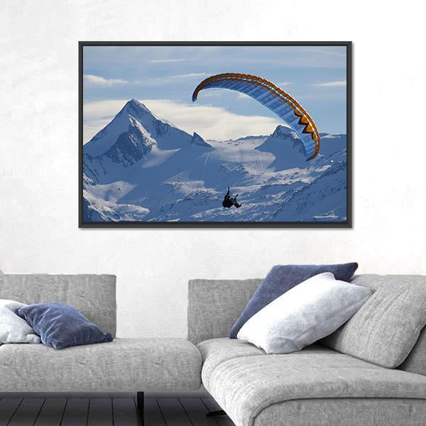 Paragliding Over Mountain In Winter Canvas Wall Art-3 Horizontal-Gallery Wrap-25" x 16"-Tiaracle