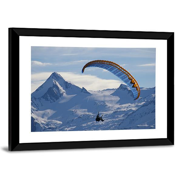 Paragliding Over Mountain In Winter Canvas Wall Art-3 Horizontal-Gallery Wrap-25" x 16"-Tiaracle