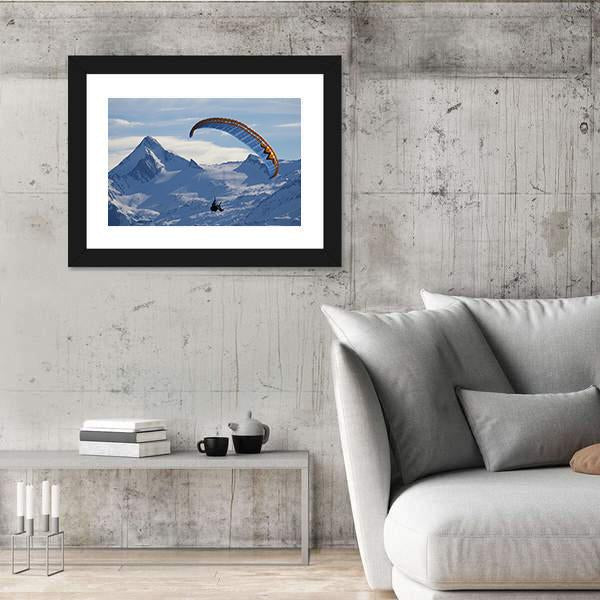 Paragliding Over Mountain In Winter Canvas Wall Art-3 Horizontal-Gallery Wrap-25" x 16"-Tiaracle