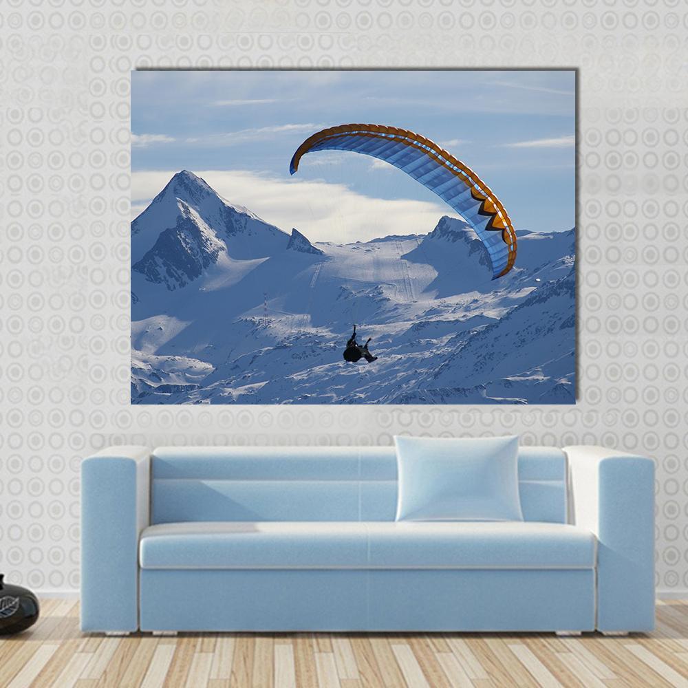 Paragliding Over Mountain In Winter Canvas Wall Art-1 Piece-Gallery Wrap-48" x 32"-Tiaracle