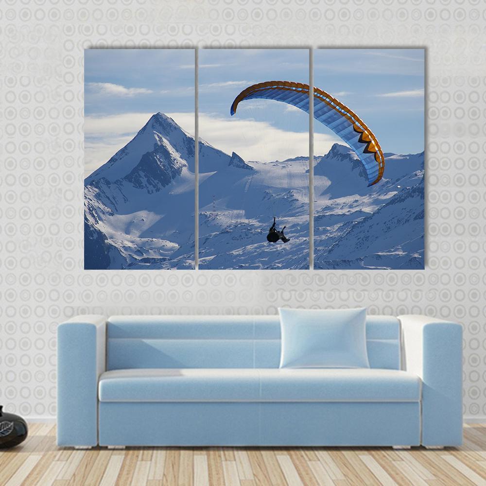 Paragliding Over Mountain In Winter Canvas Wall Art-3 Horizontal-Gallery Wrap-37" x 24"-Tiaracle